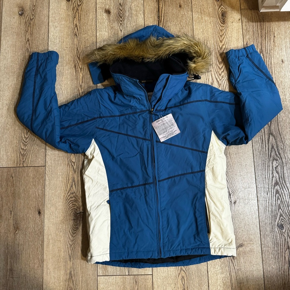 Kids Body Glove blue white ski jacket detachable hood multiple pockets